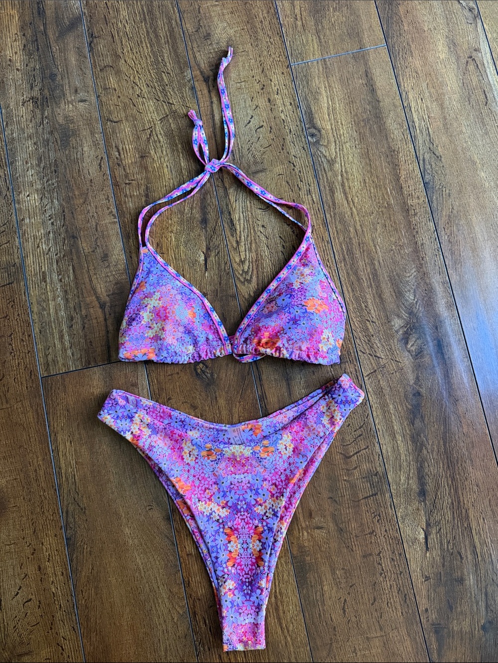 Purple Floral Triangle Bikini Set